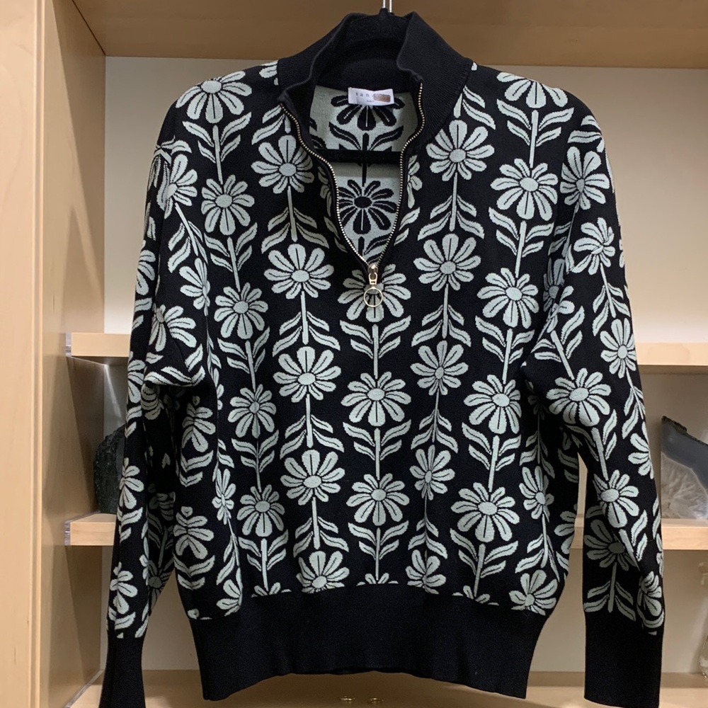 Sandro Black and Slight Green almost White Floral Zip-Up Sweater